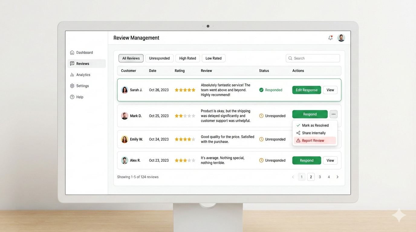 TripAdvisor Management Center interface for reporting and requesting review deletion