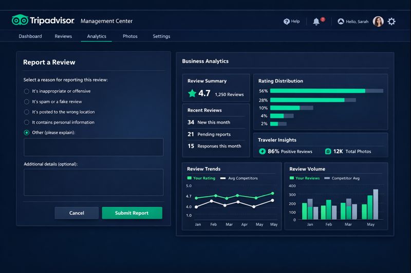 TripAdvisor Management Center interface showing review management options